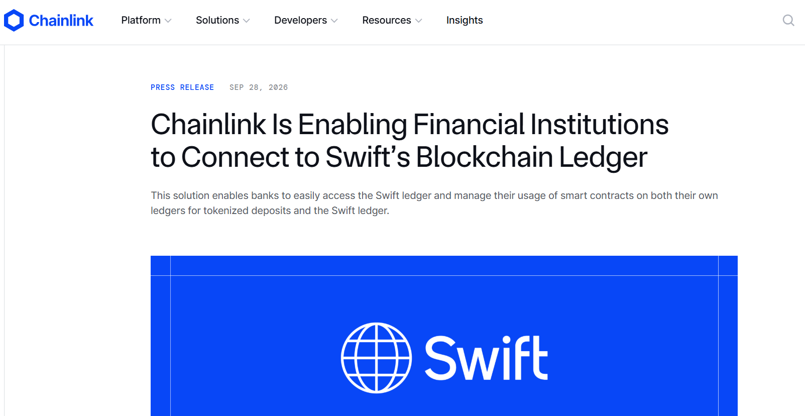 Screenshot of Chainlink’s official announcement about connecting financial institutions to Swift’s blockchain ledger